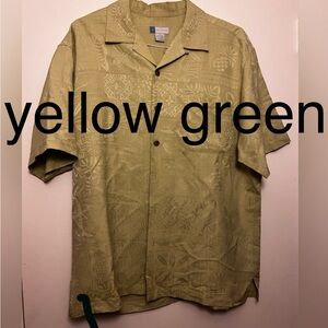HALF MOON BAY 100% Silk Short Sleeve Button Down Men's Size Lg Yellow/Green
